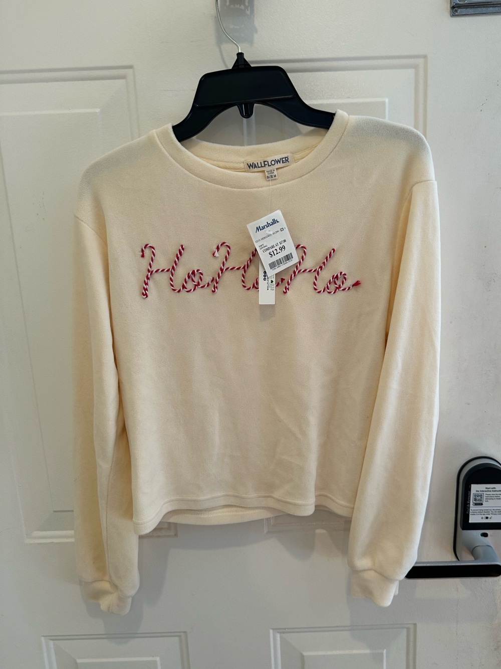 Wallflower Cream Sweatshirt with Red Candy-Stripe 'Ho Ho Ho' Embroidery